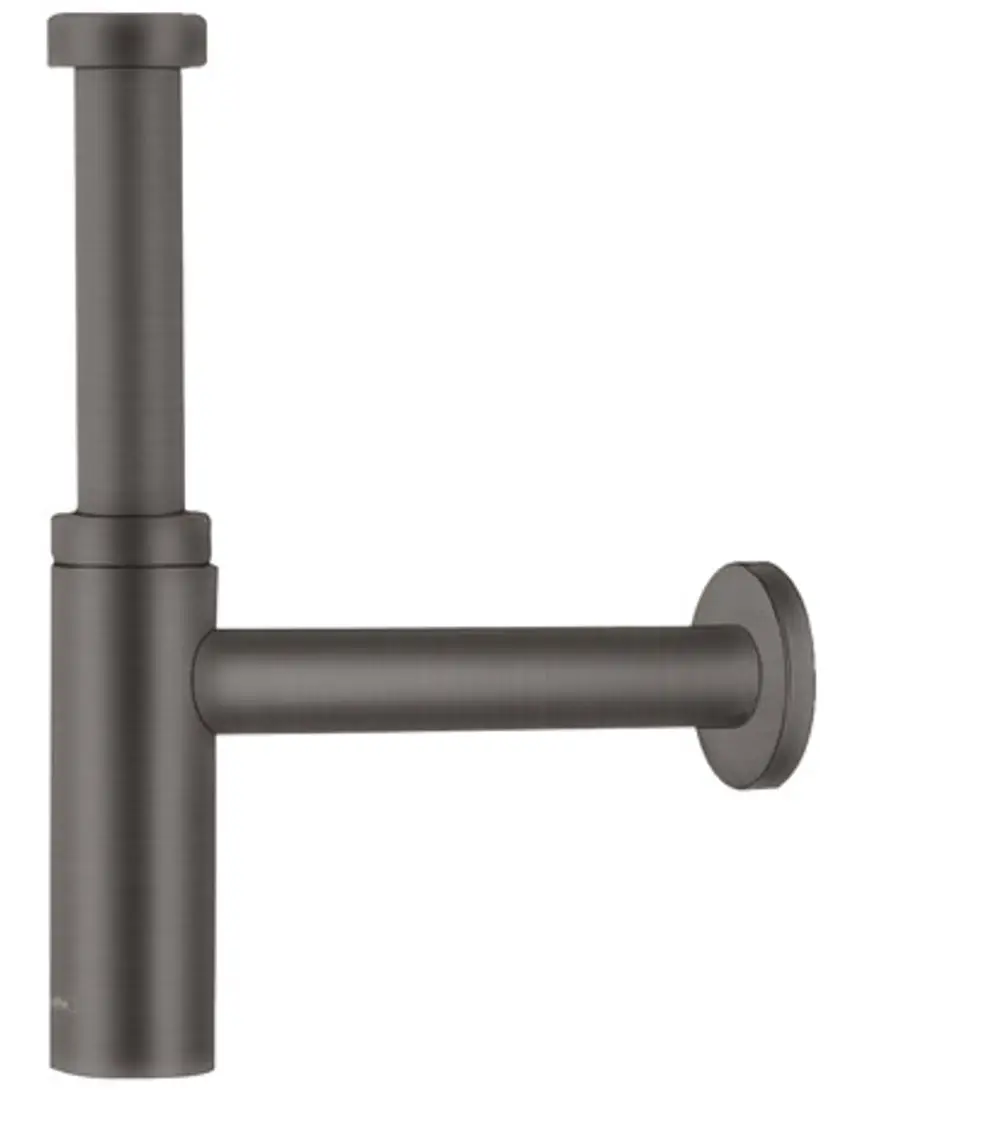 Hansgrohe Siphon in Brushed Black Chrome, bestehend aus einem vertikalen Rohr und einem horizontalen Abflussrohr, für den Einsatz im Badezimmer.